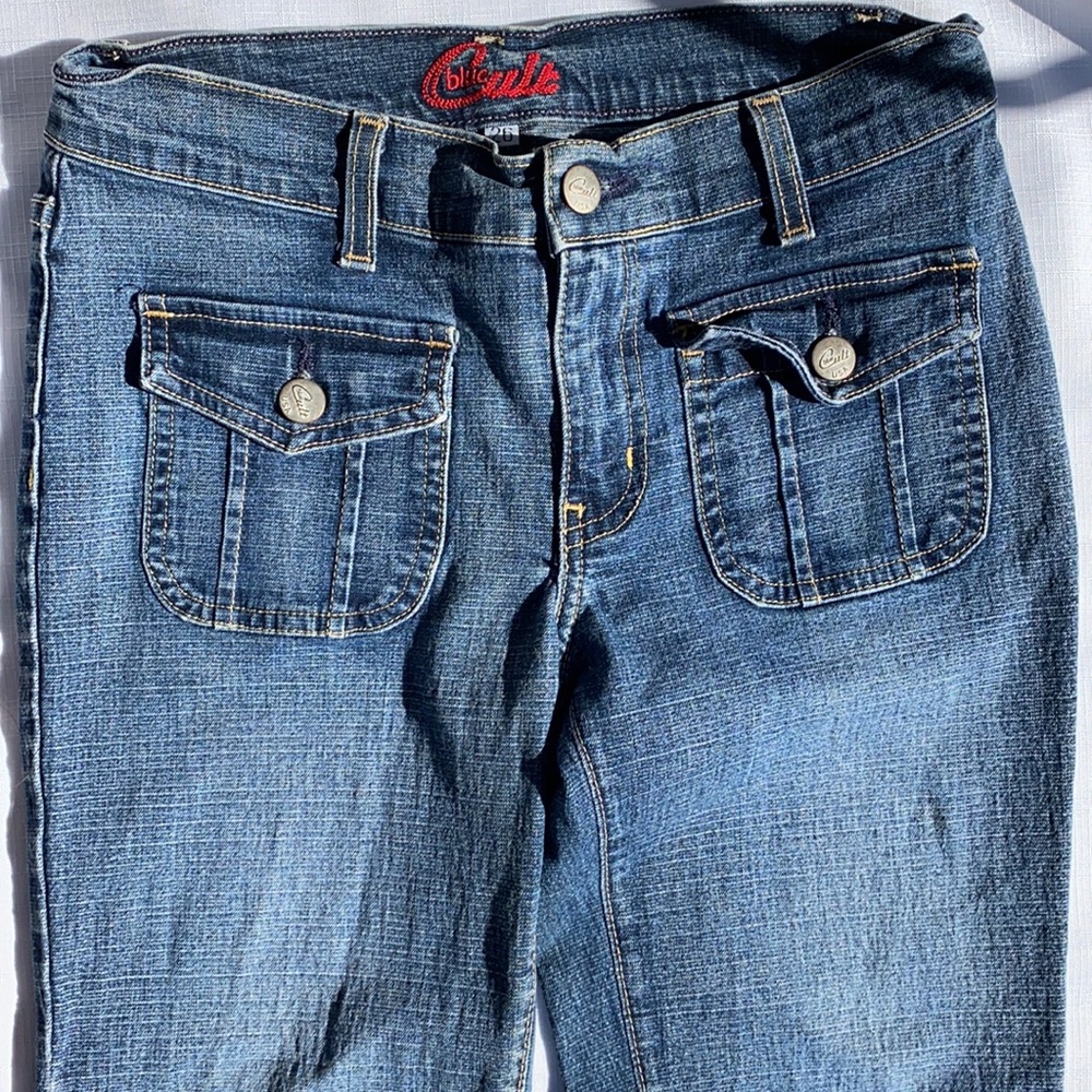 VINTAGE BLUE CULT BOHO HIPSTER FITTED HIGH RISE WIDE LEG FLARE BLUE JEANS - Picture 13 of 15
